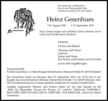 Anzeige von Heinz Gesenhues von Westfälische Nachrichten