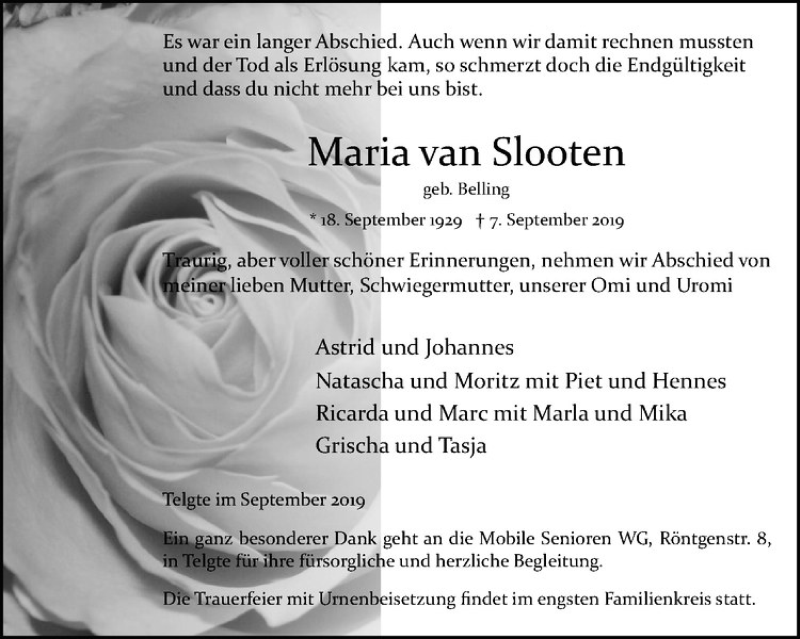  Traueranzeige für Maria van Slooten vom 14.09.2019 aus Westfälische Nachrichten