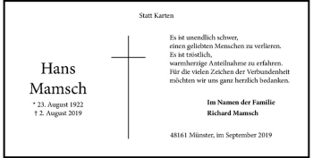 Anzeige von Hans Mamsch von Westfälische Nachrichten