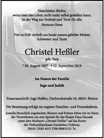 Anzeige von Christel Heßler von Westfälische Nachrichten