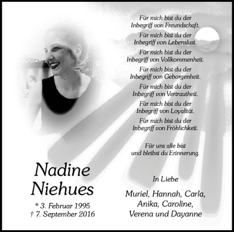  Traueranzeige für Nadine Niehues vom 07.09.2019 aus Westfälische Nachrichten