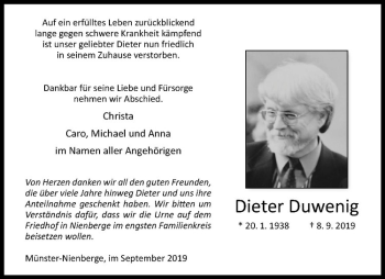 Anzeige von Dieter Duwenig von Westfälische Nachrichten