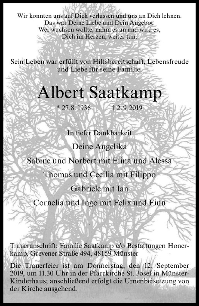  Traueranzeige für Albert Saatkamp vom 07.09.2019 aus Westfälische Nachrichten