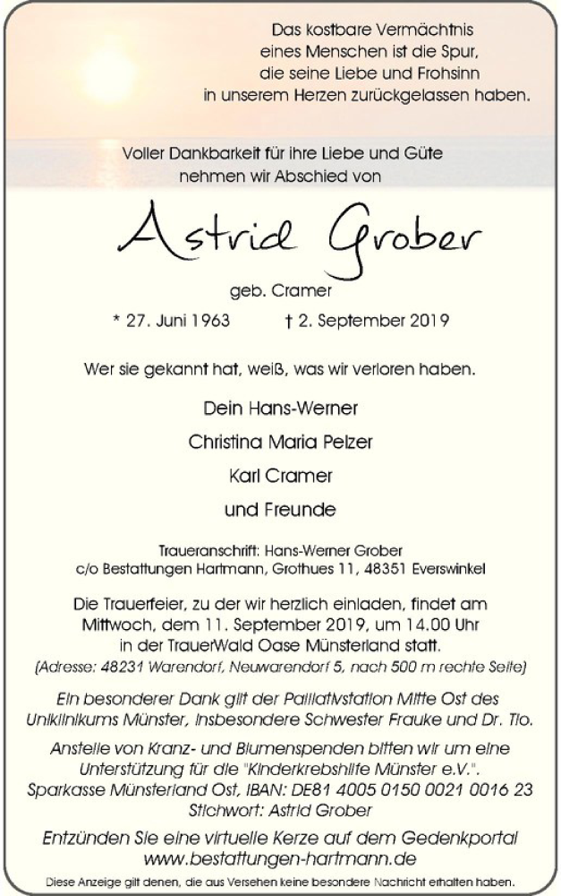  Traueranzeige für Astrid Grober vom 06.09.2019 aus Westfälische Nachrichten
