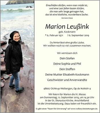 Anzeige von Marion Leußink von Westfälische Nachrichten