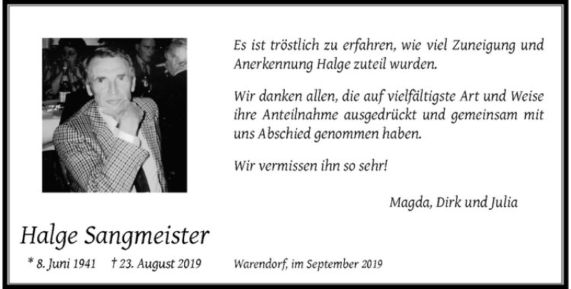  Traueranzeige für Halge Sangmeister vom 27.09.2019 aus Westfälische Nachrichten