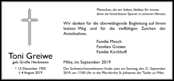 Anzeige von Toni Greiwe von Westfälische Nachrichten