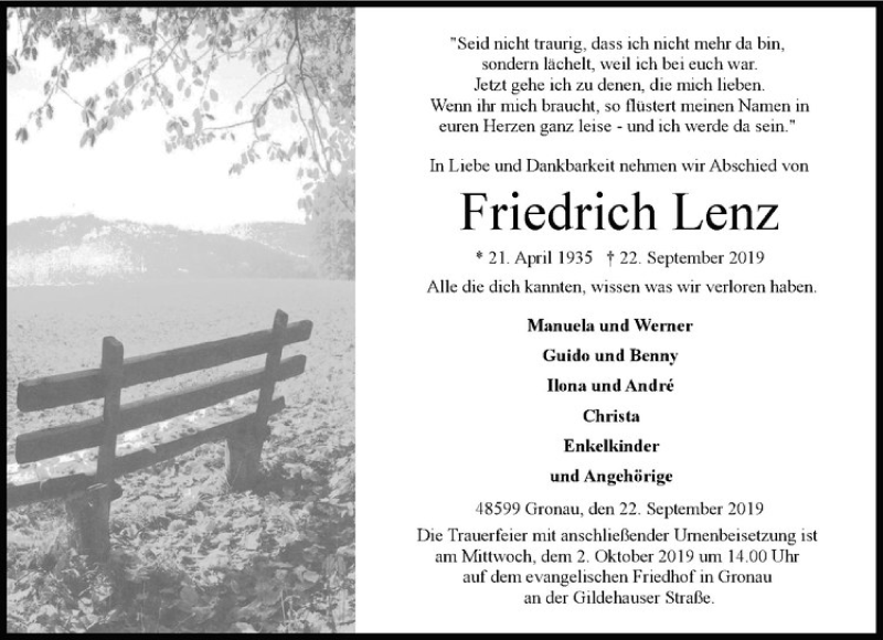  Traueranzeige für Friedrich Lenz vom 28.09.2019 aus Westfälische Nachrichten