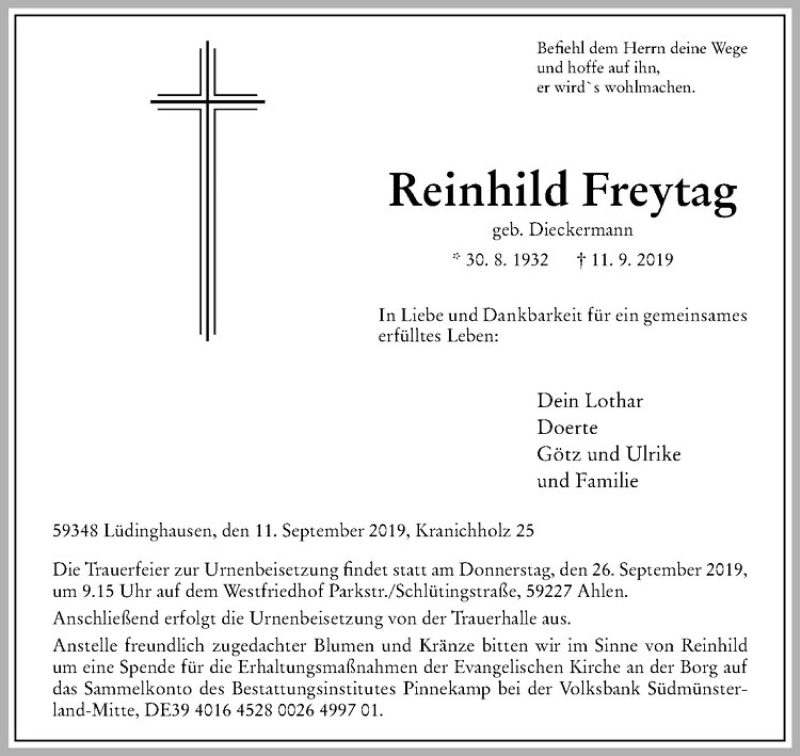  Traueranzeige für Reinhild Freytag vom 21.09.2019 aus Westfälische Nachrichten