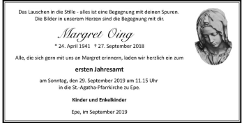 Anzeige von Margret Oing von Westfälische Nachrichten