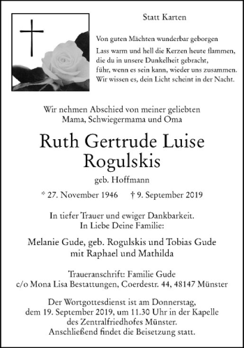 Anzeige von Ruth Gertrude Luise Rogulskis von Westfälische Nachrichten