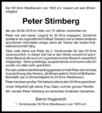 Anzeige von Peter Stimberg von Westfälische Nachrichten