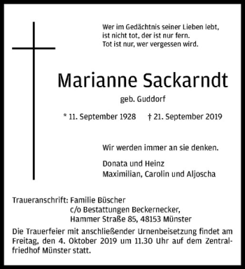 Anzeige von Marianne Sackarndt von Westfälische Nachrichten