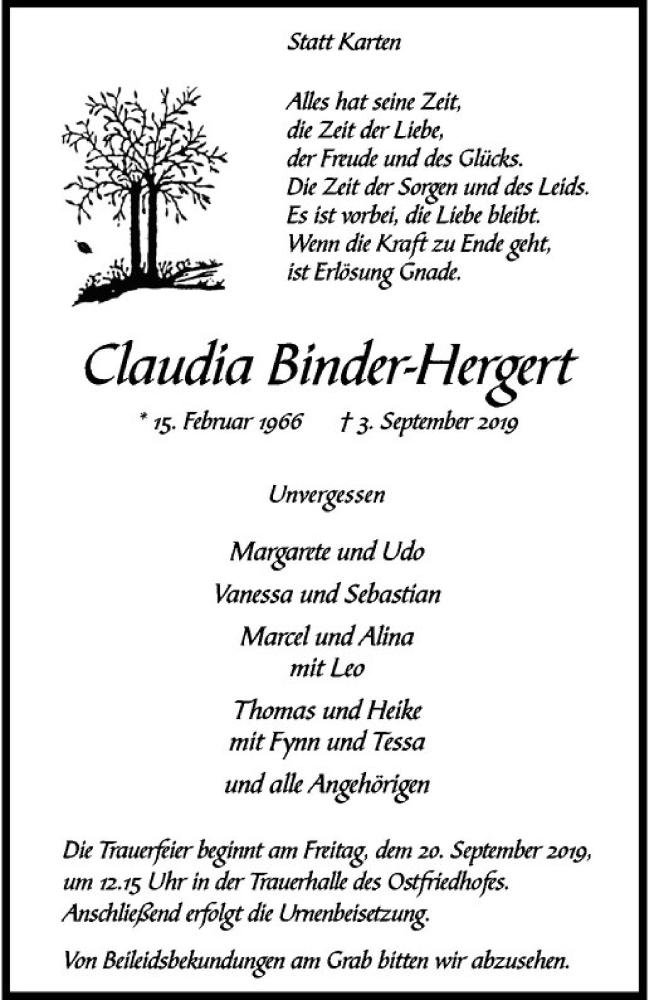 Traueranzeige für Claudia Binder-Herget vom 07.09.2019 aus Westfälische Nachrichten