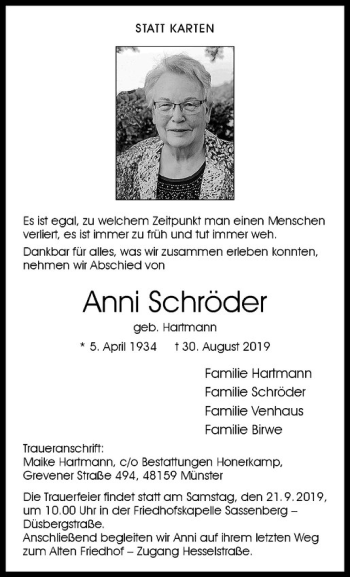 Anzeige von Anni Schröder von Westfälische Nachrichten