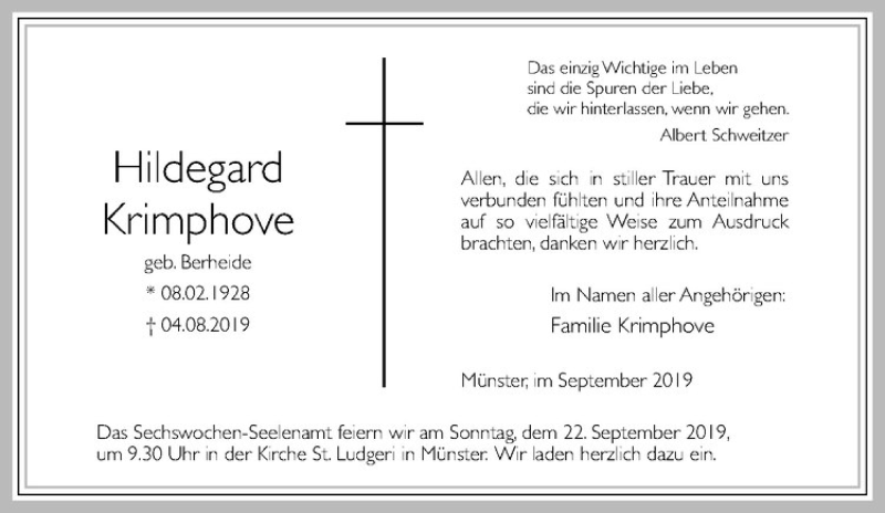  Traueranzeige für Hildegard Krimphove vom 14.09.2019 aus Westfälische Nachrichten