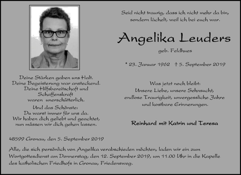  Traueranzeige für Angelika Leuders vom 09.09.2019 aus Westfälische Nachrichten