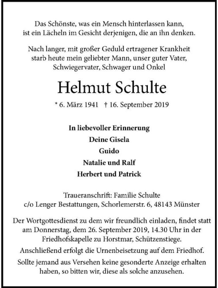  Traueranzeige für Helmut Schulte vom 21.09.2019 aus Westfälische Nachrichten