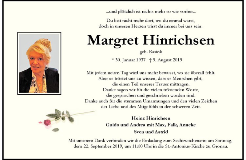  Traueranzeige für Margret Hinrichsen vom 14.09.2019 aus Westfälische Nachrichten