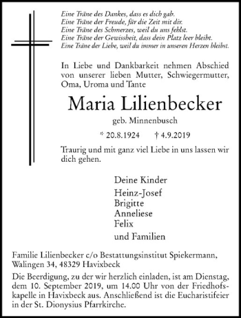 Anzeige von Maria Lilienbecker von Westfälische Nachrichten