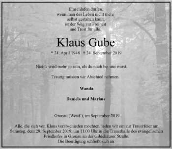 Anzeige von Klaus Gube von Westfälische Nachrichten