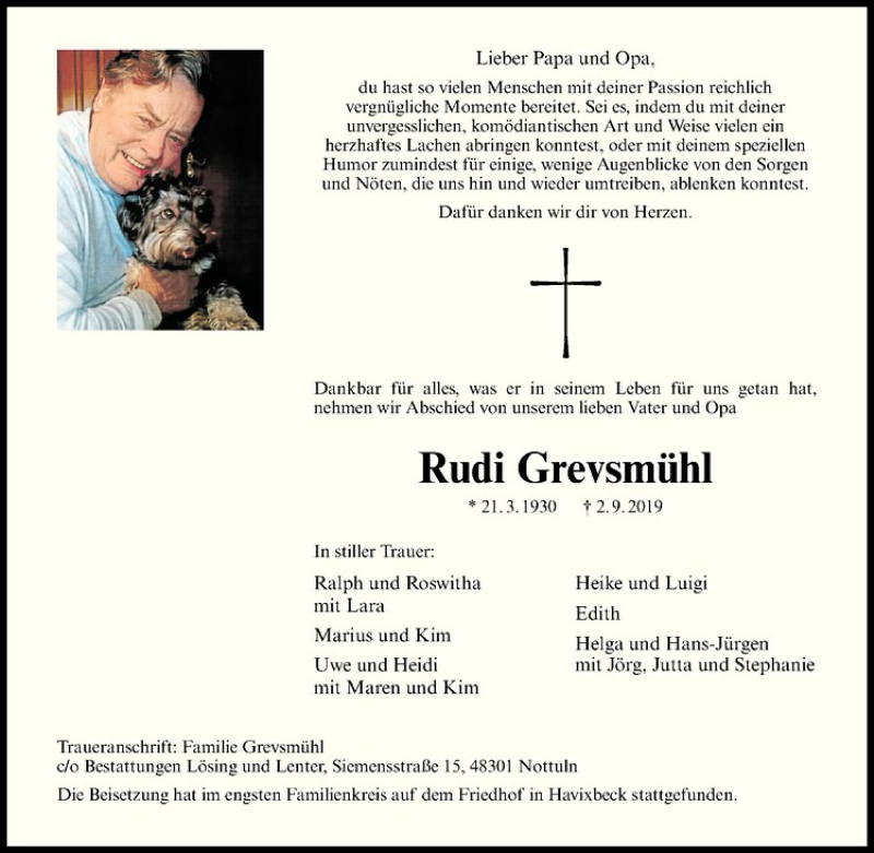  Traueranzeige für Rudi Grevsmühl vom 07.09.2019 aus Westfälische Nachrichten