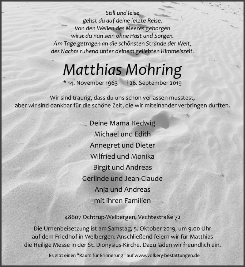  Traueranzeige für Matthias Mohring vom 30.09.2019 aus Westfälische Nachrichten