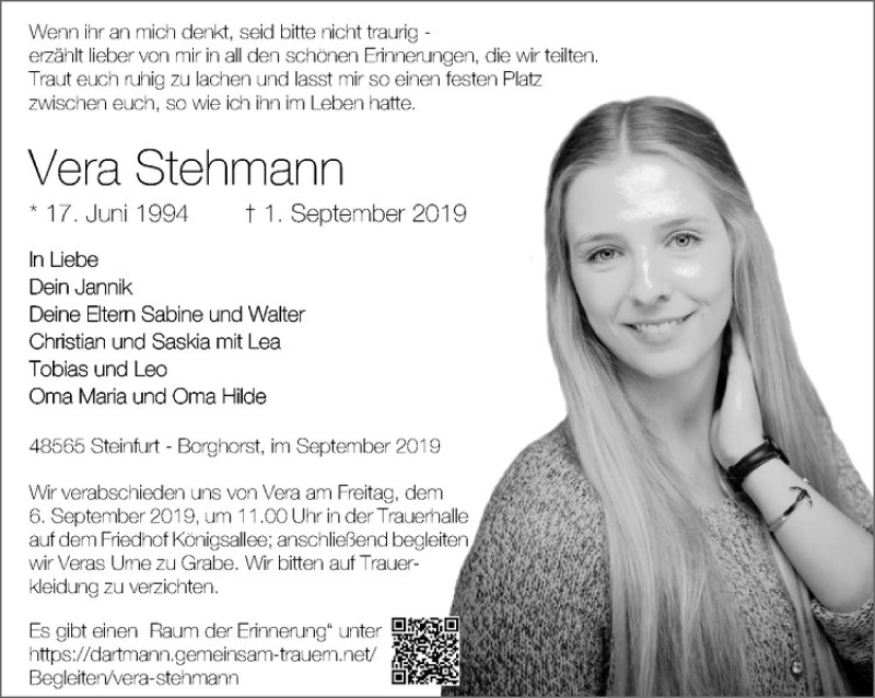  Traueranzeige für Vera Stehmann vom 04.09.2019 aus Westfälische Nachrichten