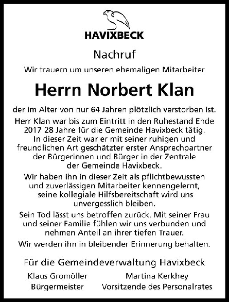  Traueranzeige für Norbert Klan vom 31.01.2019 aus Westfälische Nachrichten