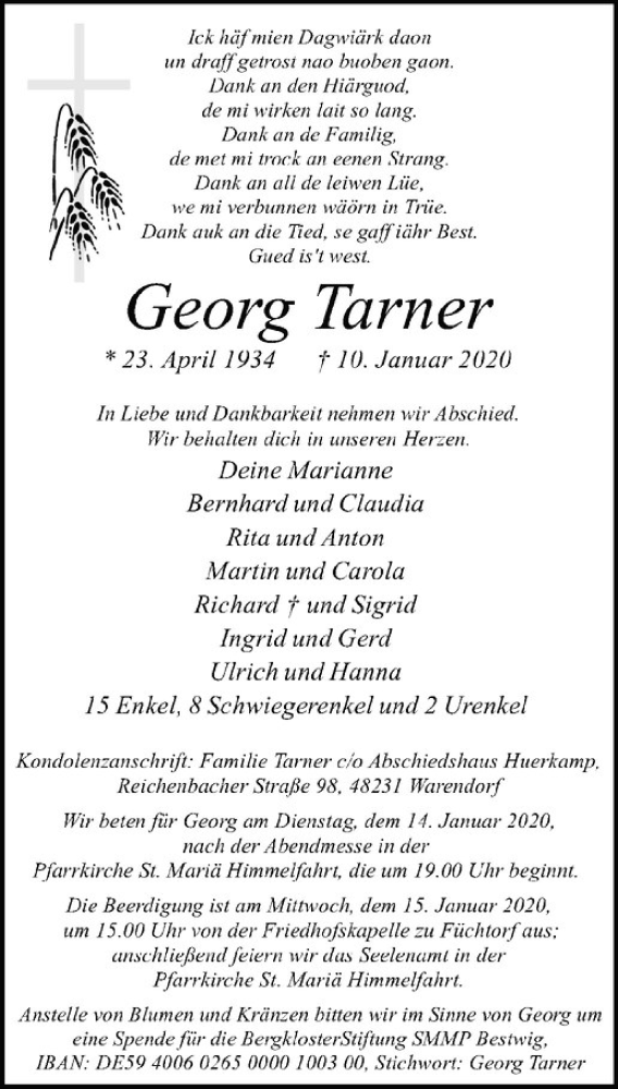  Traueranzeige für Georg Tarner vom 13.01.2020 aus Westfälische Nachrichten