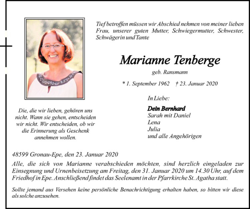  Traueranzeige für Marianne Tenberge vom 29.01.2020 aus Westfälische Nachrichten