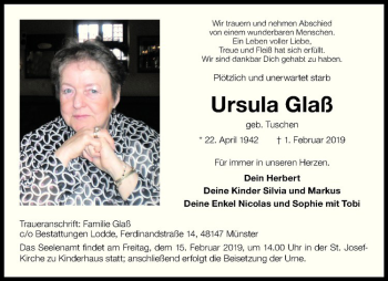 Anzeige von Ursula Glaß von Westfälische Nachrichten