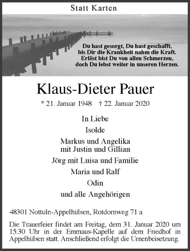  Traueranzeige für Klaus-Dieter Pauer vom 25.01.2020 aus Westfälische Nachrichten