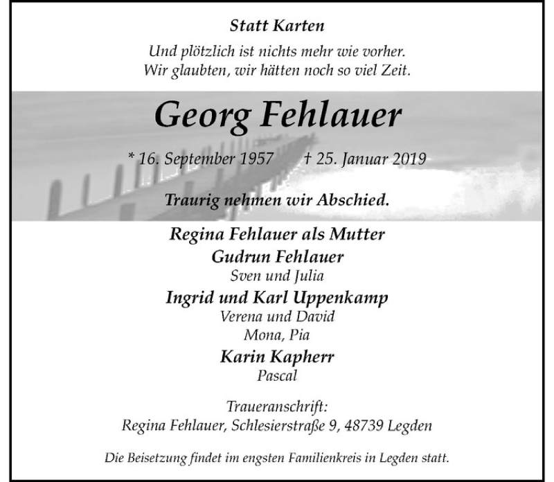  Traueranzeige für Georg Fehlauer vom 31.01.2019 aus Westfälische Nachrichten