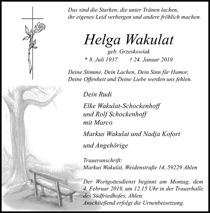  Traueranzeige für Helga Wakulat vom 30.01.2019 aus Westfälische Nachrichten