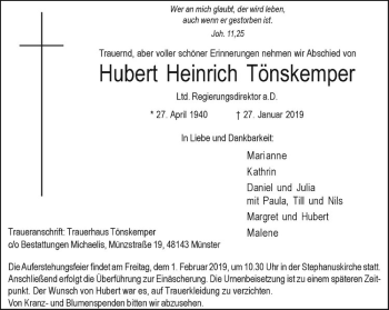 Anzeige von Hubert Heinrich Tönskemper von Westfälische Nachrichten