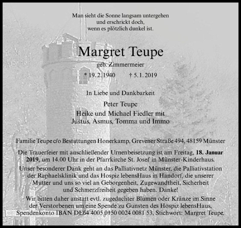  Traueranzeige für   vom 15.01.2019 aus Westfälische Nachrichten