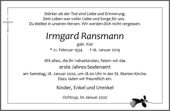 Anzeige von Irmgard Ransmann von Westfälische Nachrichten