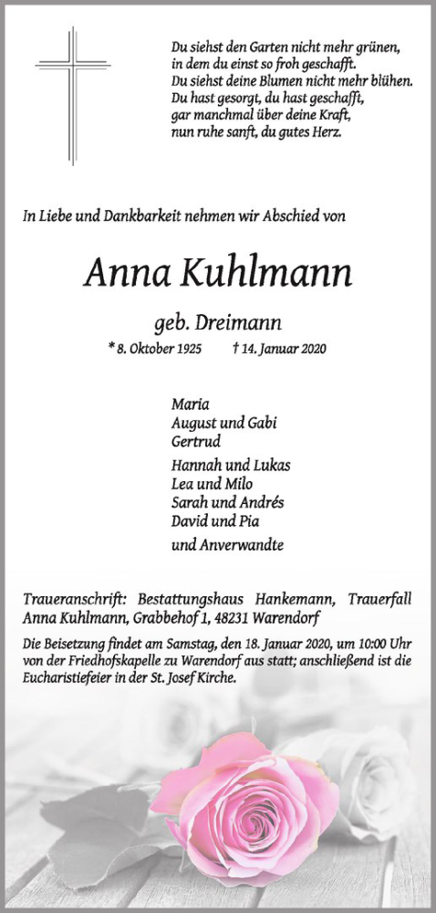  Traueranzeige für Anna Kuhlmann vom 16.01.2020 aus Westfälische Nachrichten