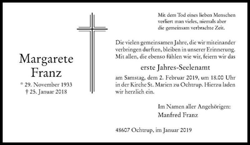 Traueranzeige für   vom 30.01.2019 aus Westfälische Nachrichten