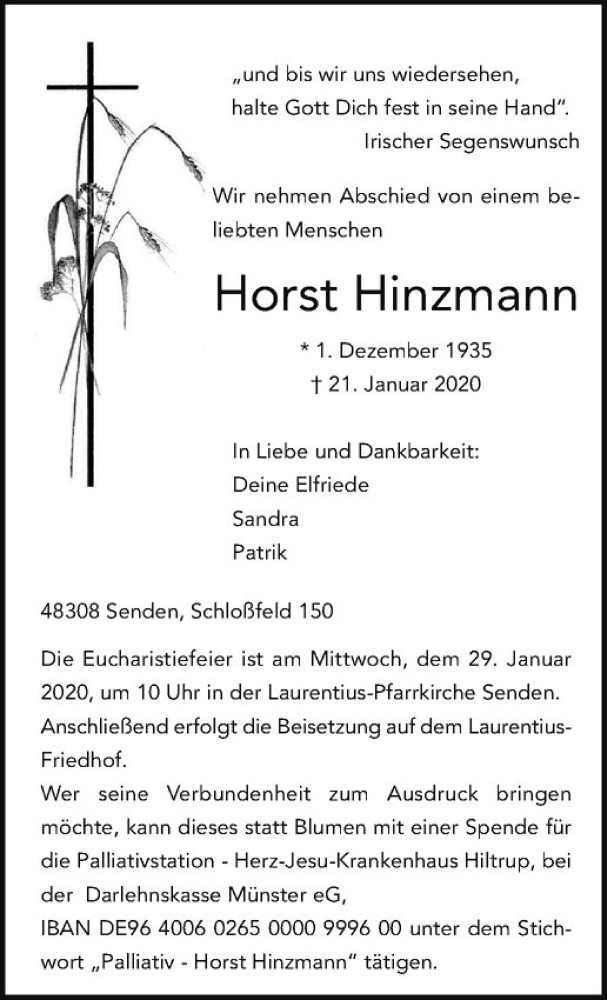  Traueranzeige für Horst Hinzmann vom 25.01.2020 aus Westfälische Nachrichten