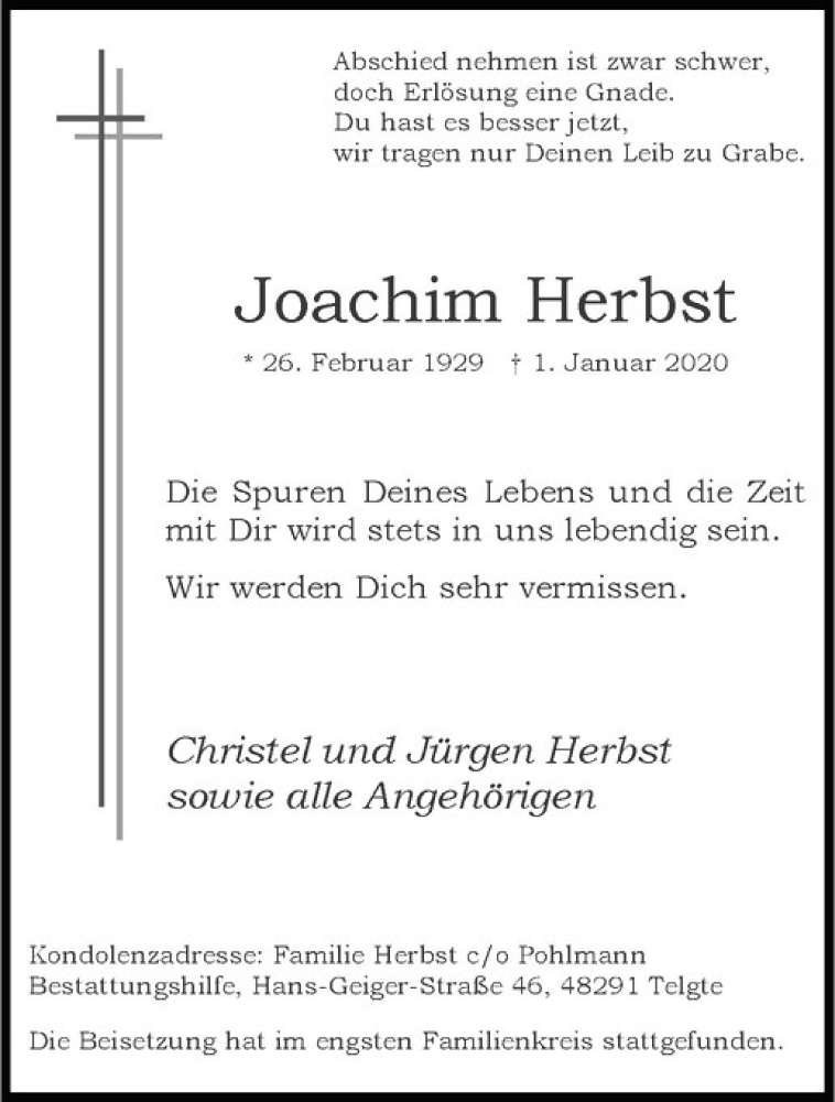  Traueranzeige für Joachim Herbst vom 18.01.2020 aus Westfälische Nachrichten
