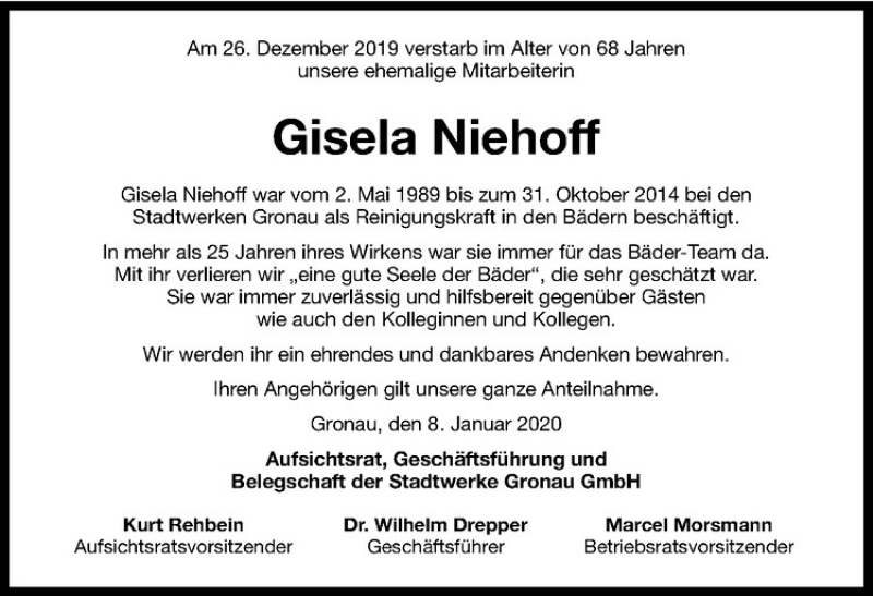  Traueranzeige für Gisela Niehoff vom 11.01.2020 aus Westfälische Nachrichten