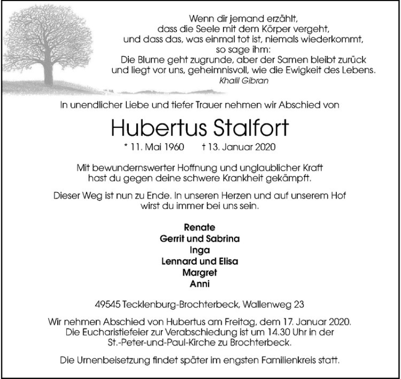  Traueranzeige für Hubertus Stalfort vom 15.01.2020 aus Westfälische Nachrichten