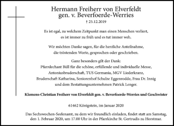 Anzeige von Hermann-Dietrich Freiherr von Elverfeldt von Westfälische Nachrichten