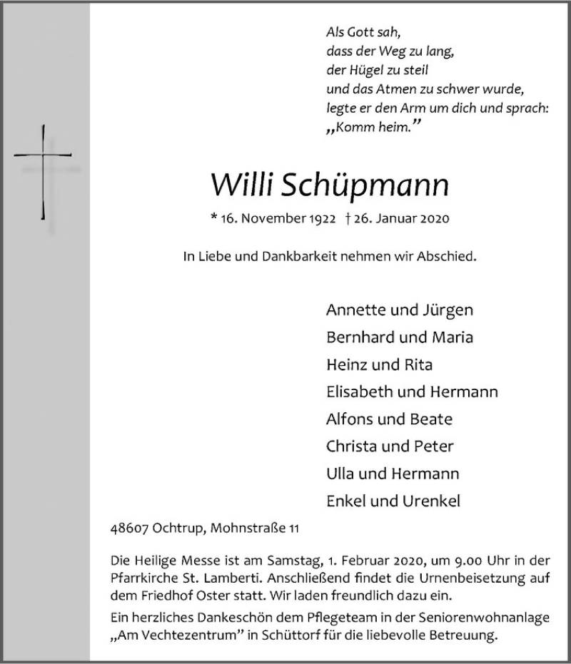  Traueranzeige für Willi Schüpmann vom 29.01.2020 aus Westfälische Nachrichten