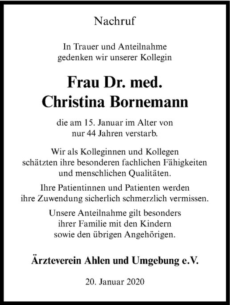  Traueranzeige für Christina Bornemann vom 22.01.2020 aus Westfälische Nachrichten