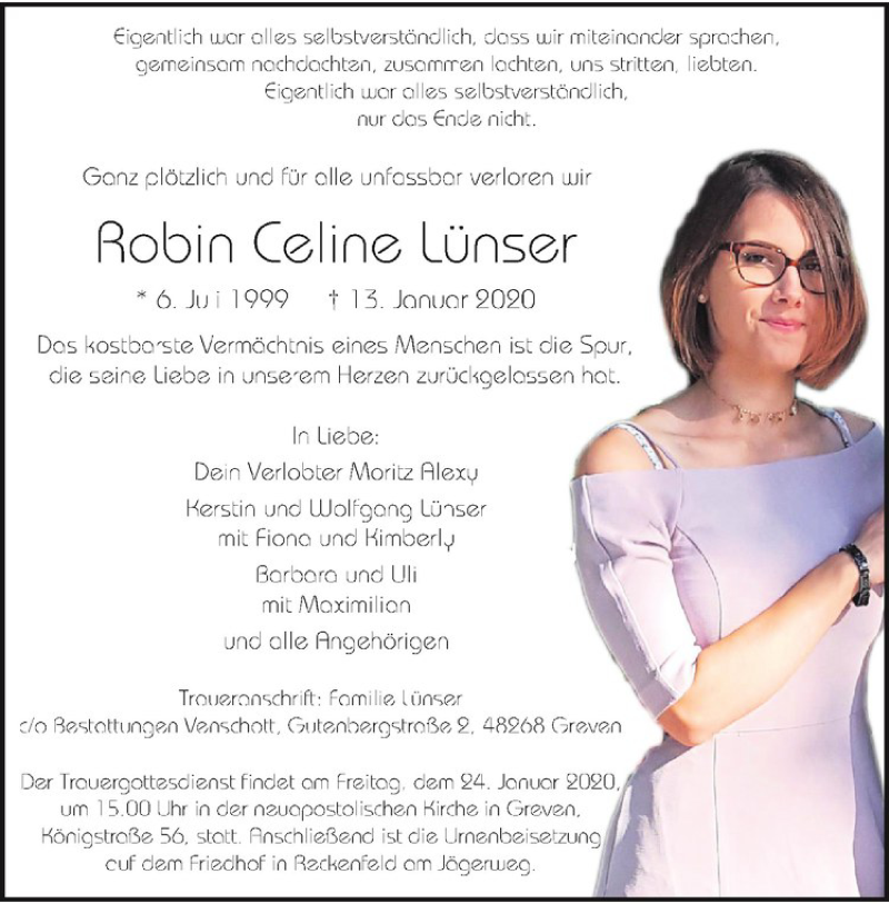  Traueranzeige für Robin Celine Lünser vom 18.01.2020 aus Westfälische Nachrichten