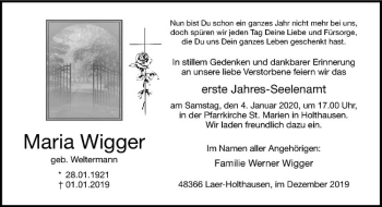 Anzeige von Maria Wigger von Westfälische Nachrichten