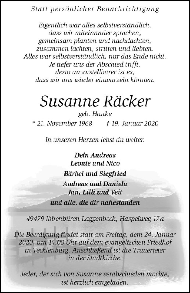  Traueranzeige für Susanne Räcker vom 22.01.2020 aus Westfälische Nachrichten
